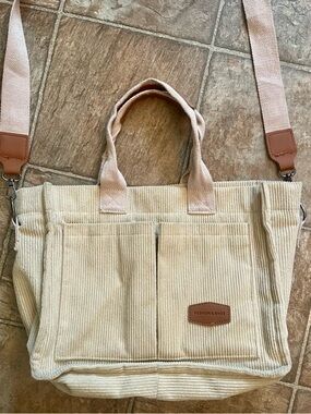 Cream Corduroy Tote Bag Crossbody Shoulder Bag Multi Pocket Adjustable Strap EUC